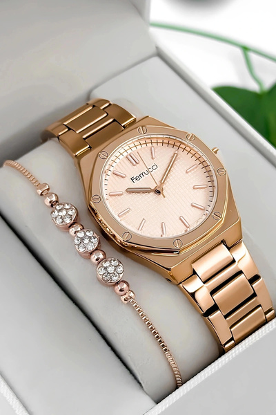 Ferrucci ساعة يد نسائية بسوار وعلبة من الفولاذ، مقاومة للماء حتى 3 ضغط جوي، و...