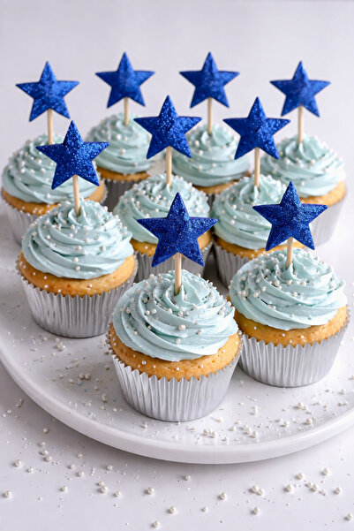 asöy Mavi Kürdan Yıldız Simli Eva 10 adet Cupcake Süsleri 2,5 Cm Küçük Boy
