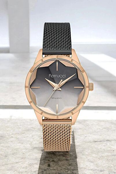 Ferrucci Rose Gold-Black Women's Wristwatch - Steel and Mesh Band, Original Sdfe