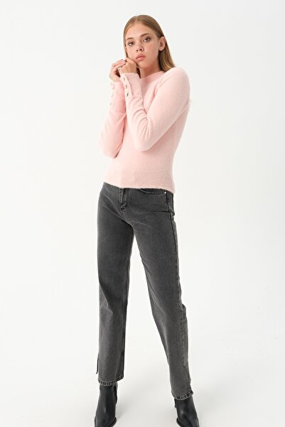 PARKhande Pelüş Kolları Bant Düğmeli Triko Kazak - Pudra