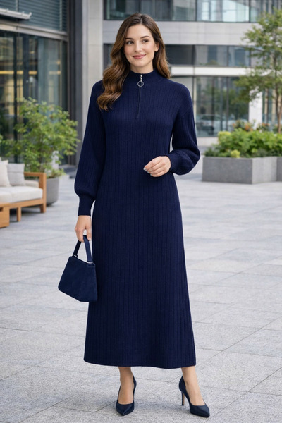 semela (LACİVERT) DÜZ KESİM KALIN FİTİLLİ DİK YAKA FERMUARLI TRİKO ELBİSE (UZ...