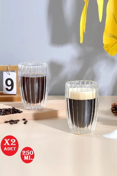 Rosemor 2'li Çift Cidarlı  250ml Isıya Dayanıklı Cam Bardak Sıcak Soğuk Çizgili Çay Süt Kahve Kupası Bardağı