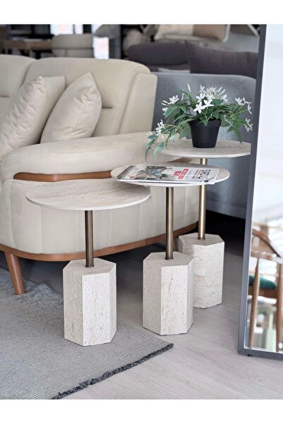 CAVARİOR MOBİLYA 3'Lü Zigon Altıgen Form Orta Sehpa Modern Traverten Mermer D...