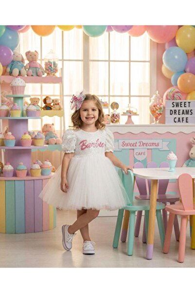 BUTİKHAPPYKİDS Kız Çocuk Barbiee Temalı Tütülü Taçlı Elbise 3-7 Yaş