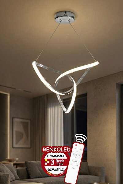 Renkoled Aydınlatma Kumandalı 3 Renk Işıklı Modern Sarkıt Led Avize Krom Kasa...