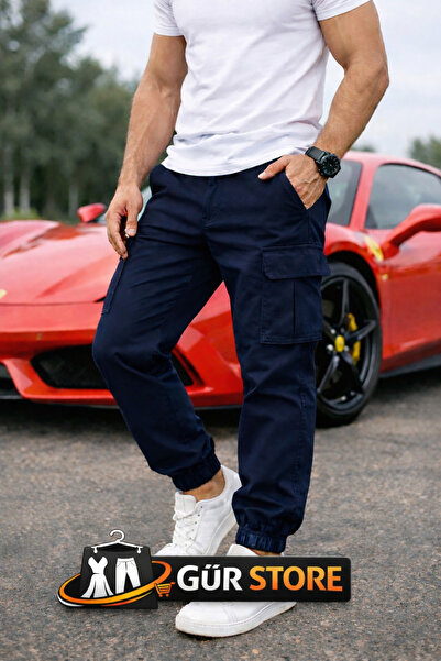 Gür Kargo Cepli Erkek Lacivert Pantolon Bel Lastik Paça Lastik Likralı