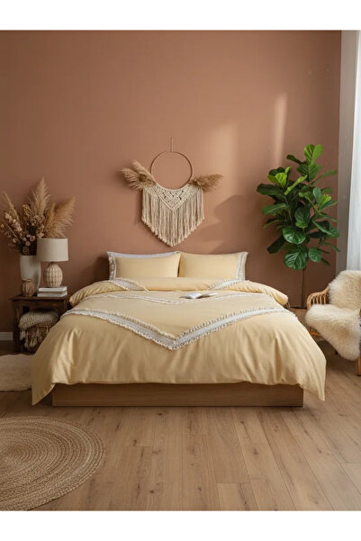 NDC HOME طقم غطاء لحاف كبير الحجم من القطن باللون الأصفر مع كرة مزدوجة