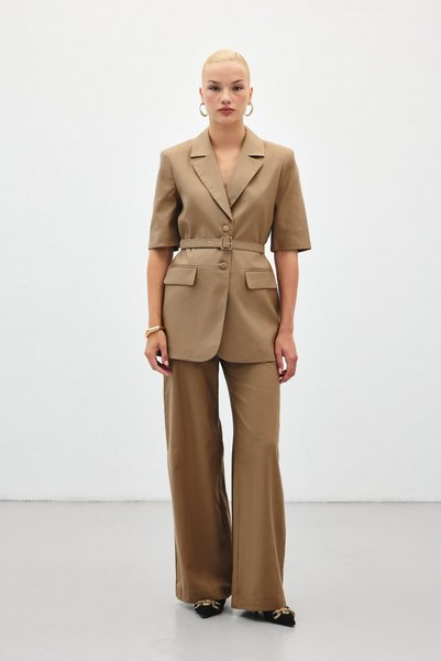 Sateen Wide Leg Linen Trousers - Camel