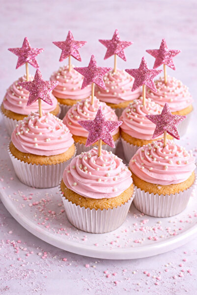 asöy Pembe Kürdan Yıldız Simli Eva Simli Pembe 10 adet  Cupcake Süsleri 3 Cm