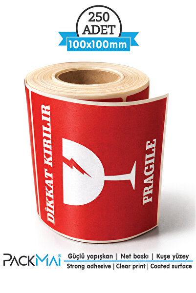 PackMai 100×100 mm 1 Rulo-250 Adet Mat Kuşe Dikkat Kırılır Uyarı Etiketi, Kır...