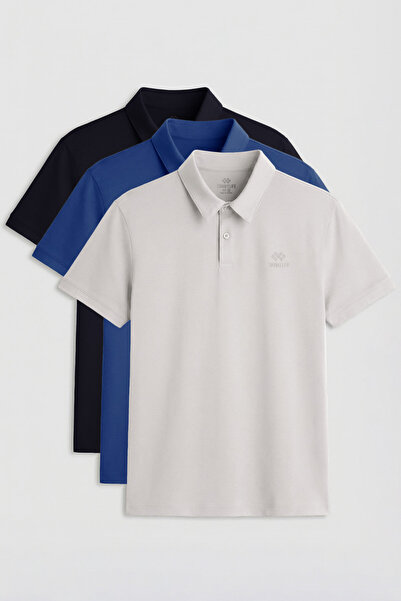 TOMMY LIFE Standard Fit Basic Polo Collar 3-Pack Navy Blue-Stone-Parliament M...