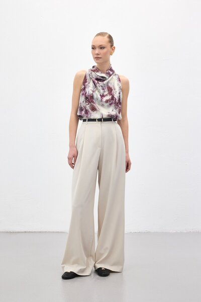 Sateen لينا بنطلون واسع الأرجل - حجر