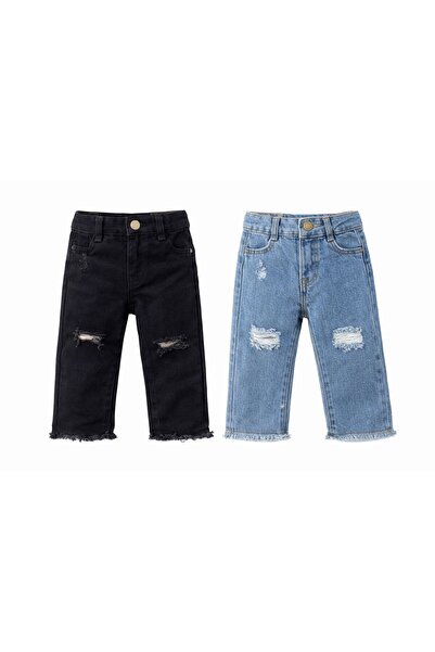 minny max Çocuk Jean Yırtık Detaylı Pantolon 2 Adet Siyah ve Mavi Set