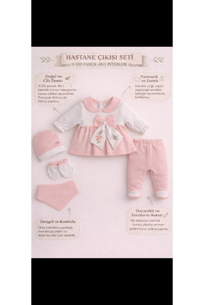 Pimadyo Baby Girl 5-Piece Hospital Discharge Set, Salmon-Colored Bow Embroidered Newborn Bootie Outfit