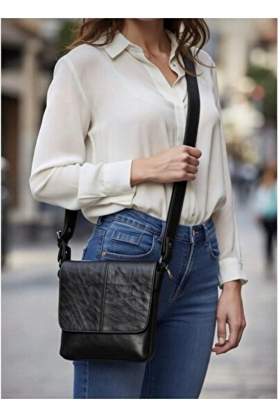 Mocikon Hakiki Deri Unisex Postacı Model Yanları Fermuarlı Körüklü Vücut Çantası