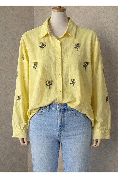 aleksandritbutik ALEKSANDRİT BUTİK NAKIŞ DETAY KADIN KETEN GÖMLEK