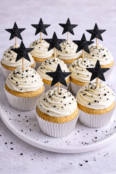 asöy Siyah Kürdan Yıldız Simli Eva Parlak Siyah 10 adet Cupcake Süsleri 2,5 C...