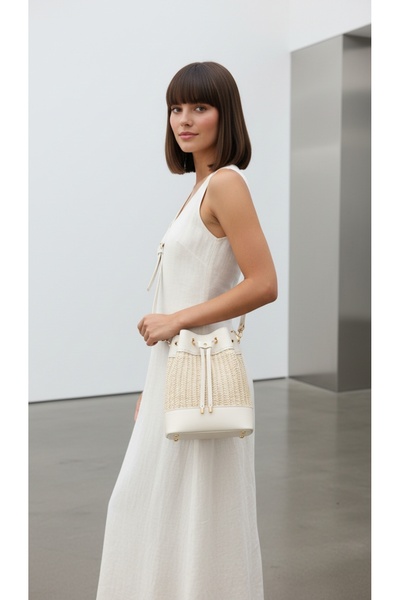 Mimoza Accessories Hand Knitted Detailed Cream Bucket Bag