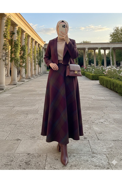 bellura Ekose Desenli Yanı Fermuarlı Kaşe Etek