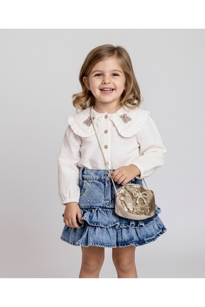 ministok طقم بناتي مع تنورة جينز مطرزة عند الرقبة وحقيبة وإكسسوارات