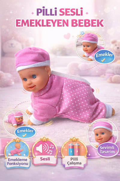 YILDIRIM OYUNCAK Pilli Sesli Müzikli Emekleyen Bebek 10 Cm - Sesli Pilli Yerd...