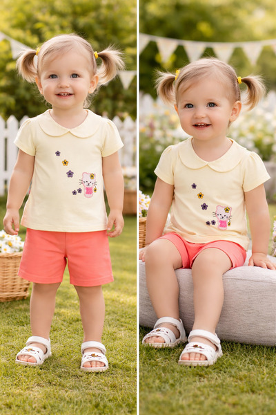 GMG Baby Polo Neck Cat Pattern Shorts T-Shirt 2-Piece Set