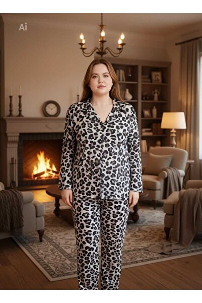 NiCe İç Giyim Leopard Print Large Size Thin Suede Shirt Collar Women's Pajama...