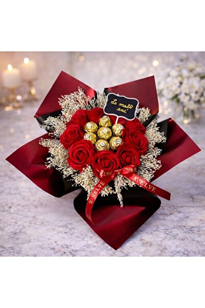 velve Buchet cadou Delice "La Multi Ani!", 7 praline Ferrero, 9 trandafiri de...