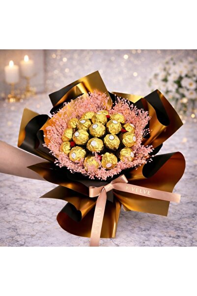 velve Buchet cadou Delice, cu 19 praline Ferrero și broom criogenat, Gold