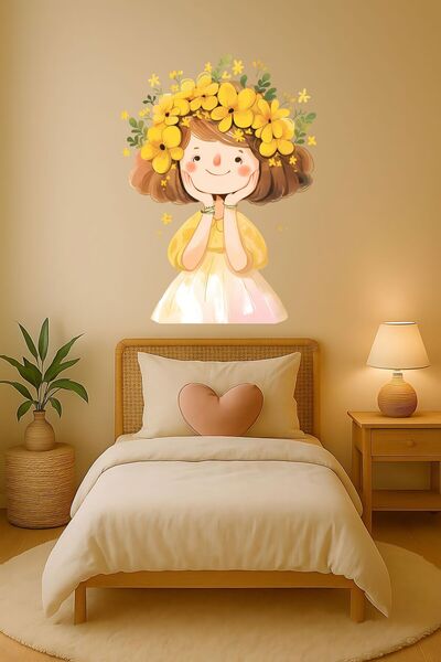 Aysha Tasarım Sarı Çiçekli Kız Duvar Stickerı – Çocuk Odası Dekoru – Pütürsüz...