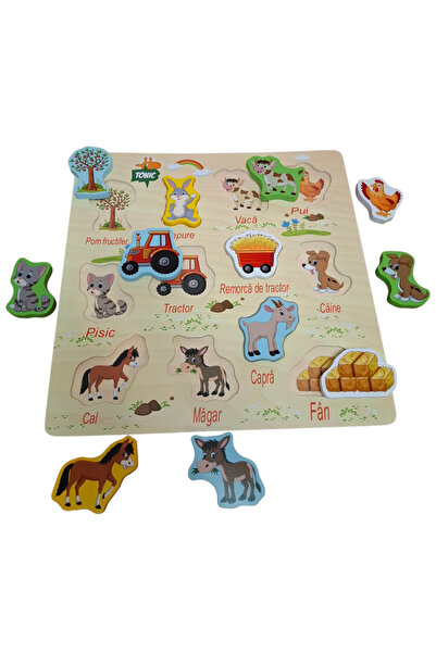 Toyska Puzzle incastru din lemn Ferma in limba Romana, 12 piese, multicolor