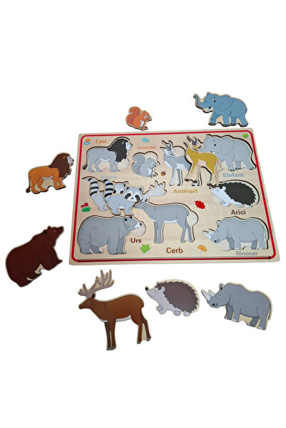 Toyska Puzzle magnetic incastru din lemn Animale Salbatice in limba Romana, 9...