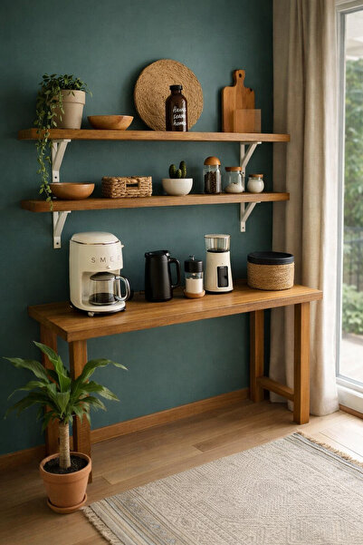 PREMIUM HOME DEKOR DOĞAL AHŞAP 60 x 120 MASA + 2 RAF BAR/KAHVE KÖŞESİ (HER EB...