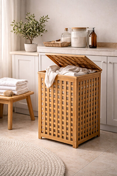 Amentes Bambu Kapaklı Kirli Çamaşır Sepeti Banyo Düzenleyici Modern Şık Tasar...