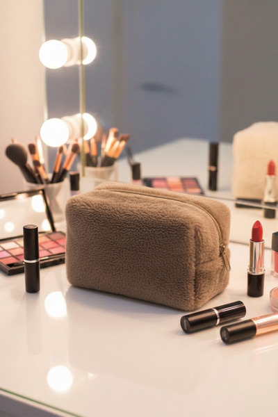 BagsMadame Plush Furry Fabric Single Compartment Zippered Cosmetic Organizer ...