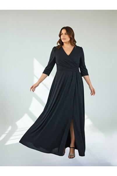 SANİSE Büyük Beden Uzun Siyah Renk Abiye Elbise