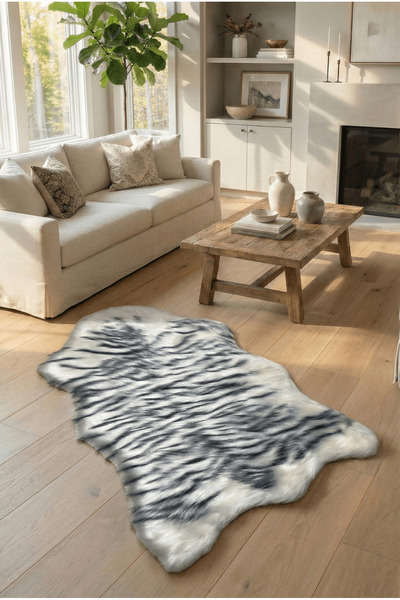 FeelHome Zebra Yumuşacık Pofuduk Kuzu Post Premium Kalite Kaymaz Taban Kürk H...