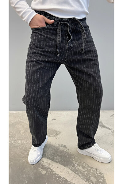 Wonraces Men's Black Baggy Washed Jeans with Drawstring Waist, Striped Patter...