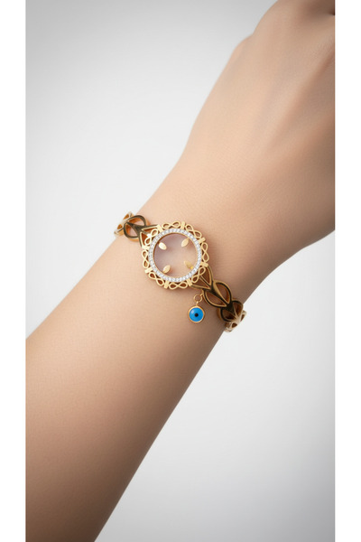Trenyx Zircon Stone Evil Eye Beaded Quarter-Size Handcuffs - Steel