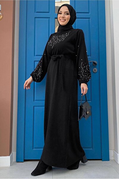 TRENDTESETTÜR KADIN SİYAH TAŞ İŞLEMELİ TRİKO ELBİSE T 81332