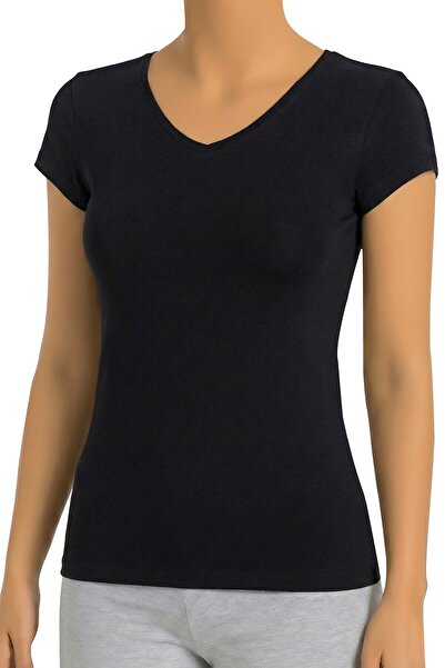 Öts Kadın T-Shirt Yarım Kollu V Yaka (%96 Pamuk - %4 Elastan)