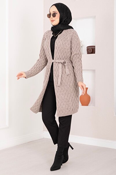EBRUTESETTÜR Hair Knit Belted Knitwear Cardigan Stone