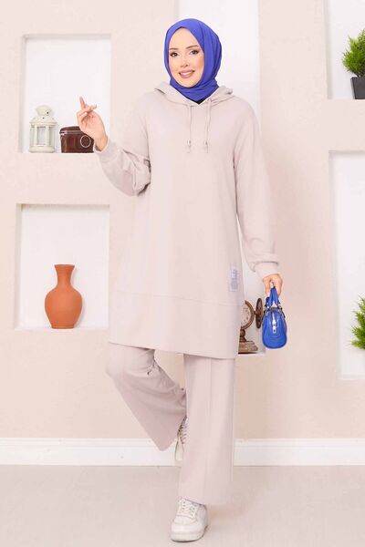 EBRUTESETTÜR Relax Armalı Hooded Tesettür Double Set Beige