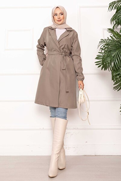 EBRUTESETTÜR Kruvaze Yaka Kuşaklı Relax Trençkot Vizon