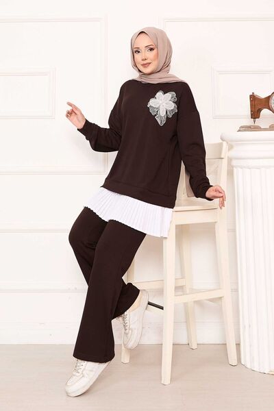 UMS Floral Detailed Skirt Pleated Soft Suit Brown