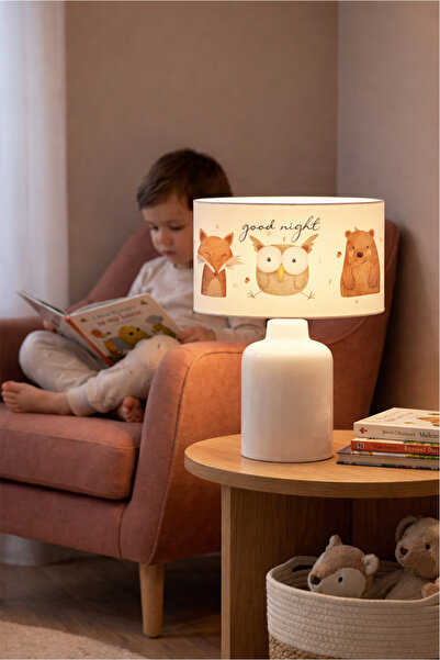 HOMİNG Kumaş Baskılı Baykuş Ve Arkadaşları Çocuk Odası Abajur Ayd-3053