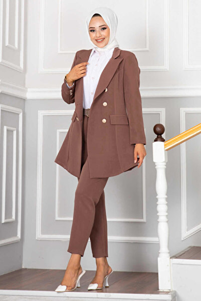 EBRUTESETTÜR طقم حجاب بتفاصيل ياقة منديل باللون البني