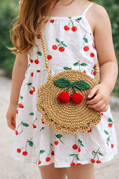 PİNKBAG Handmade Hasır Örgü Kirazlı Çocuk Çanta