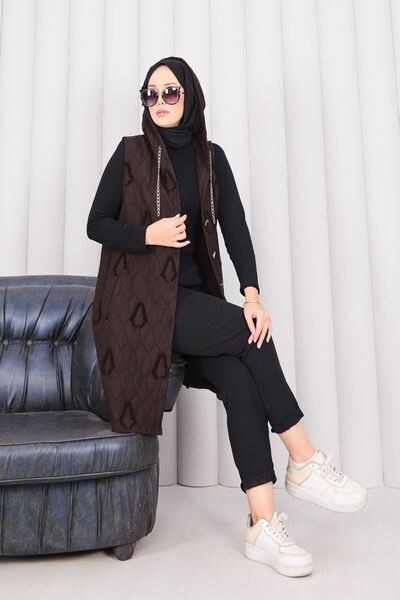 EBRUTESETTÜR Hooded Buttoned Hijab Quilted Vest Brown