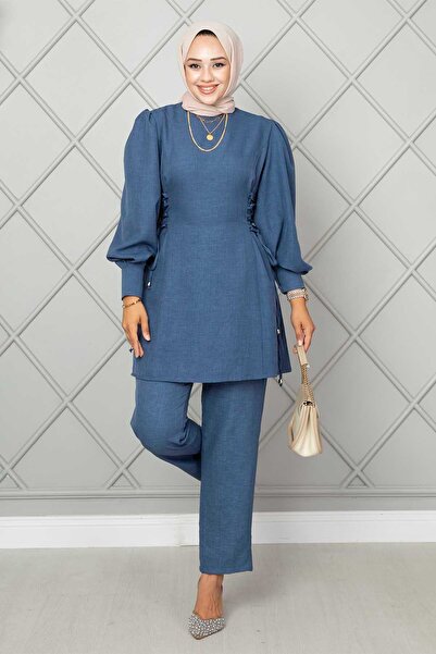 Generic Brand Side-Tie Linen Hijab Double Set Indigo